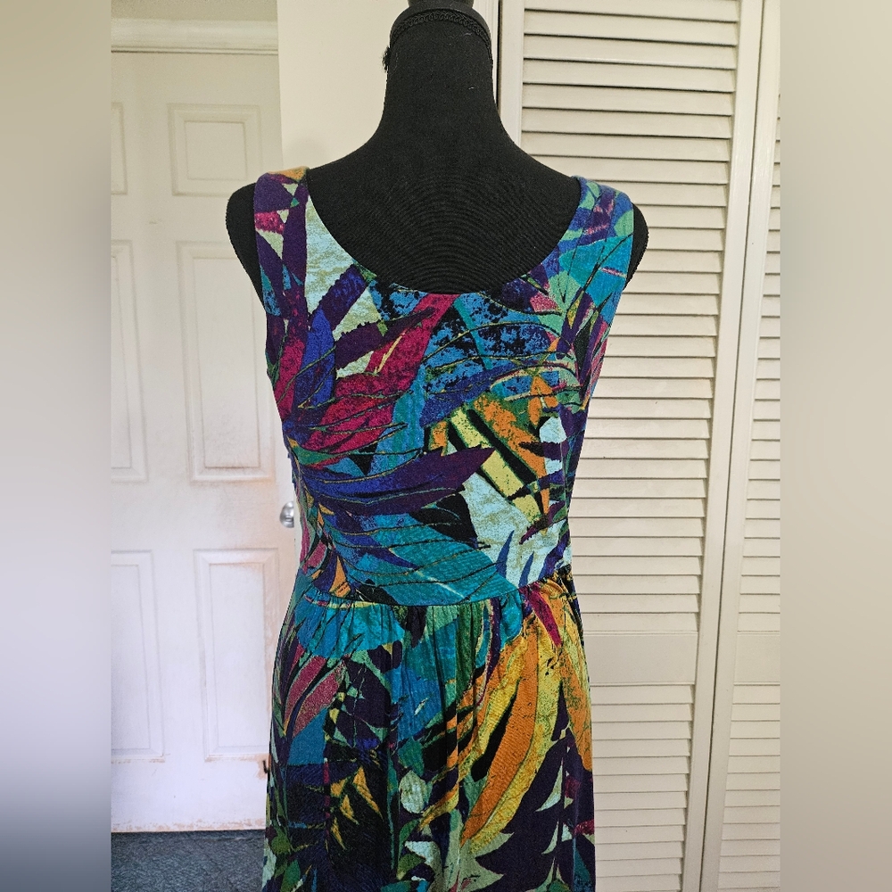 Spense Blue Green Ruched Sundress Scoop Neck Midi